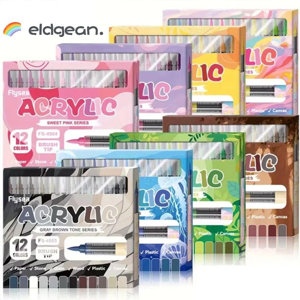 Bút đánh dấu sơn acrylic ELDGEAN, Bút đánh dấu acrylic mực lỏng trực tiếp 12 màu, DIY Soft Brush Tip