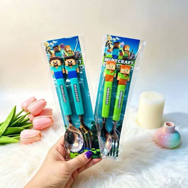 Stainless Steel Cute Fork Spoon Kit My World Cartoon Student Tableware Fork and Spoon Bags eZJx