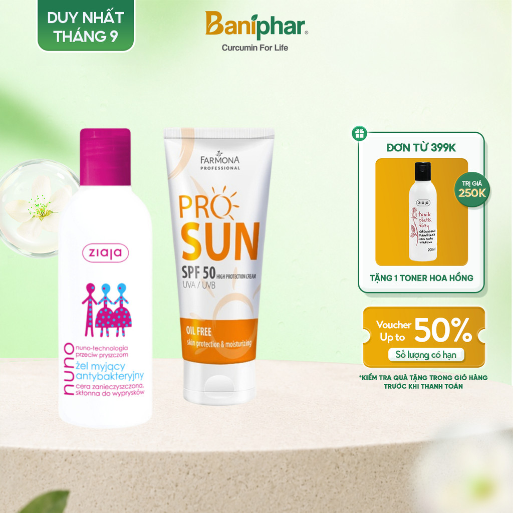 Combo Kem Chống Nắng Farmona Professional Pro Sun High SPF50 50ml Và Sữa Rửa Mặt Ziaja Nuno Không Gâ