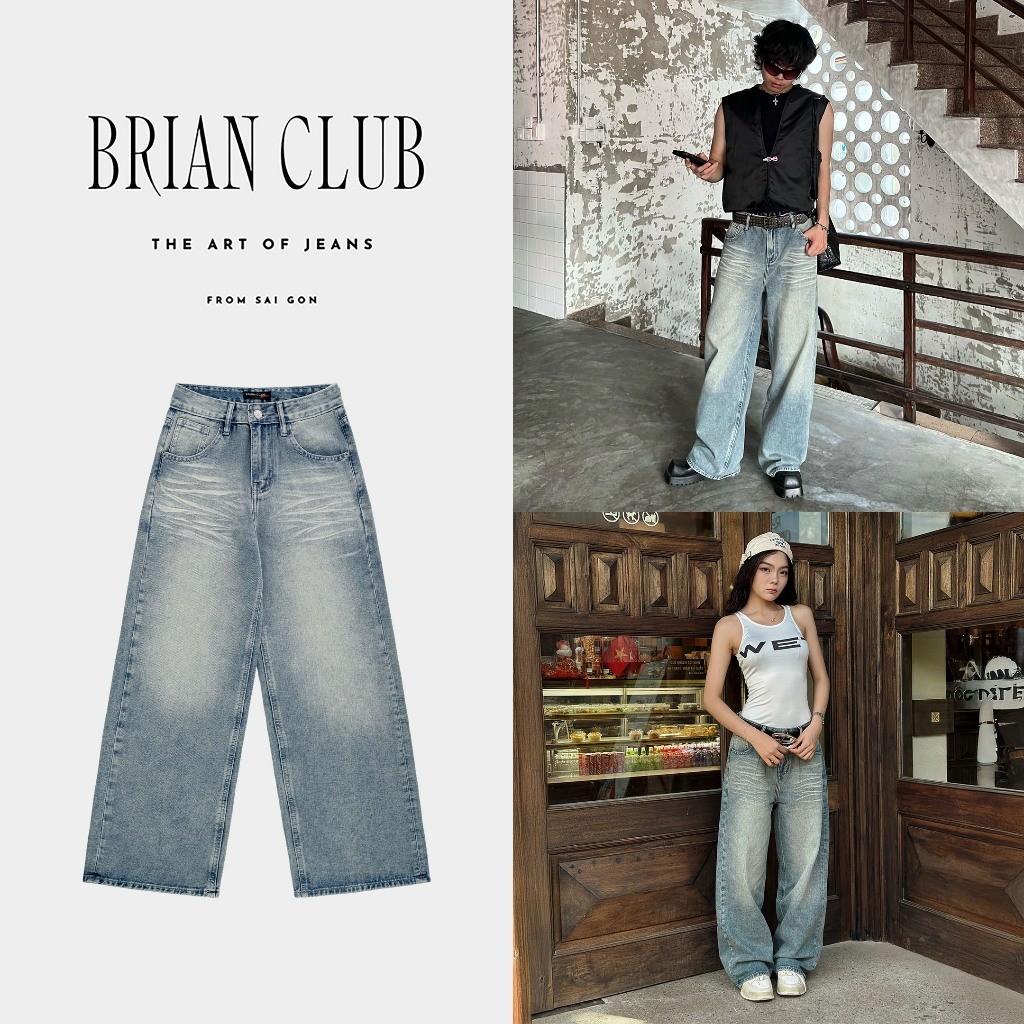 LIGHT BLUE WASH JEANS BRIAN CLUB-Quần Jeans Dài Ống Suông Form Unisex Menswear Họa Tiết Mèo 3D