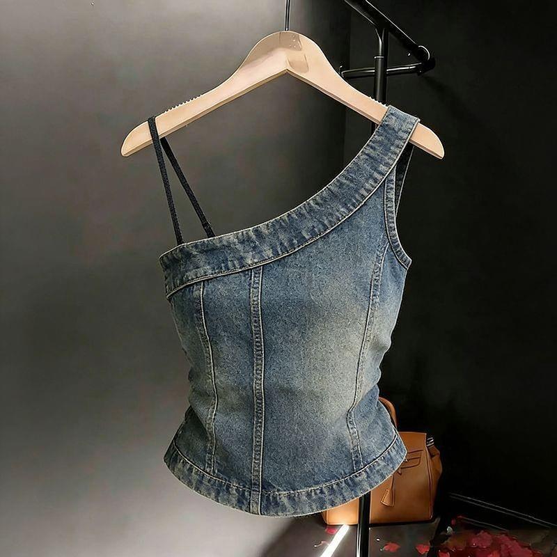 Slimer Look Hot Girl Denim Slim-fit Sling Niche Design Vest Slanted Vai Ống Top Ngắn JN260905
