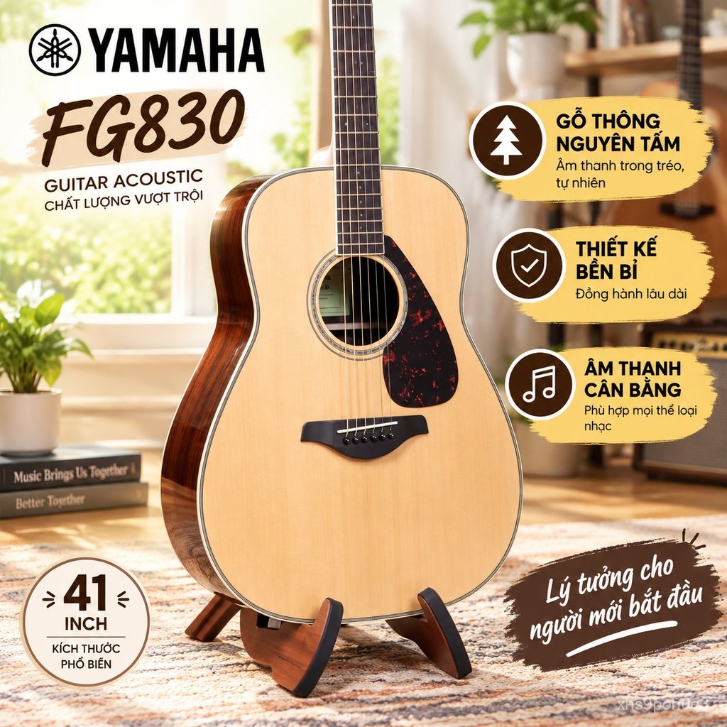 Đàn guitar YAMAHA FG830 mặt gỗ nguyên khối 41 inch, cho người mới nam nữ, âm thanh hay, bán chạy