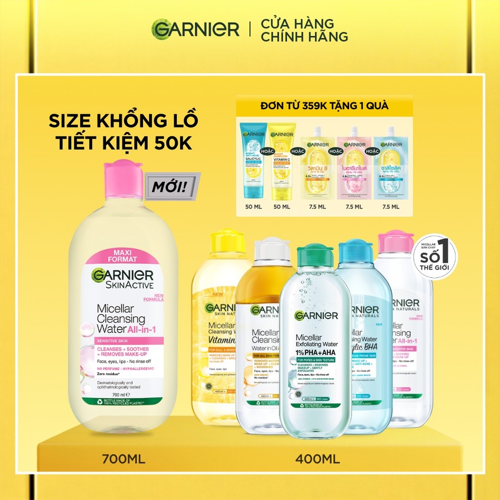 [CÓ SIZE MỚI] Nước Tẩy Trang làm sạch sâu dịu nhẹ cho mọi loại da - Garnier Micellar Cleansing Water