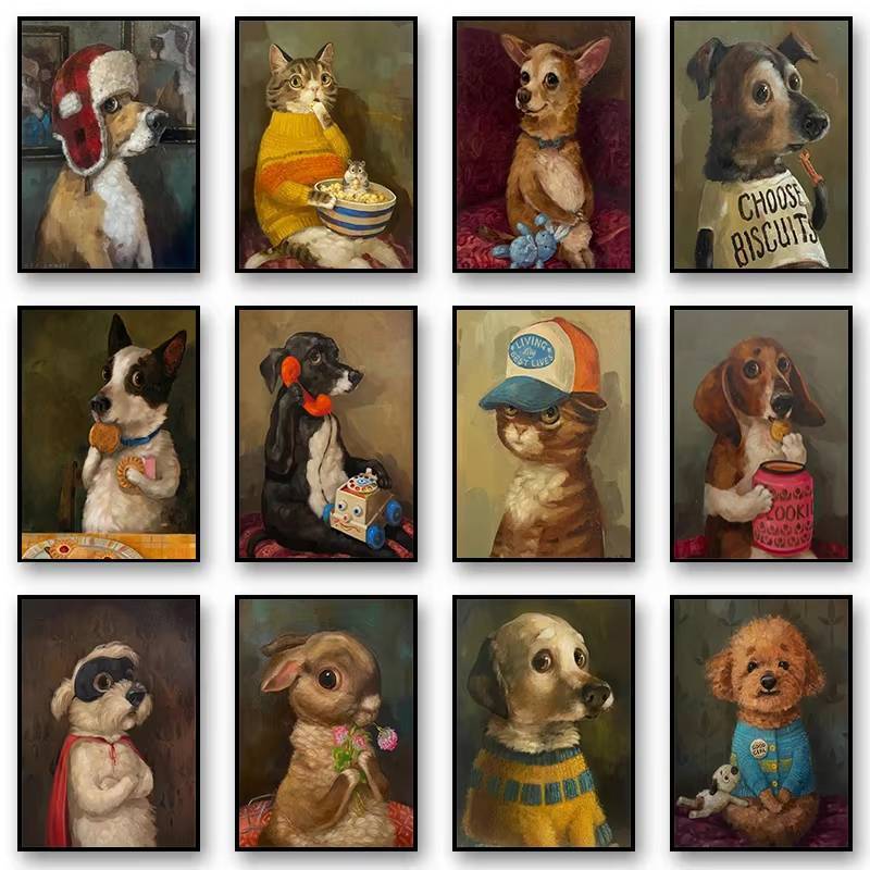 Funny Cute Puppy Dog Eating Pizza Vintage Animal Canvas Poster Print Retro Art Living Room Decor Kit