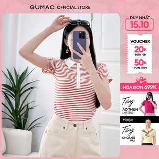 Áo thun polo nữ sọc ngang cam đen phối cổ trắng kem mổ trụ đính nút thời trang GUMAC LPLF0522