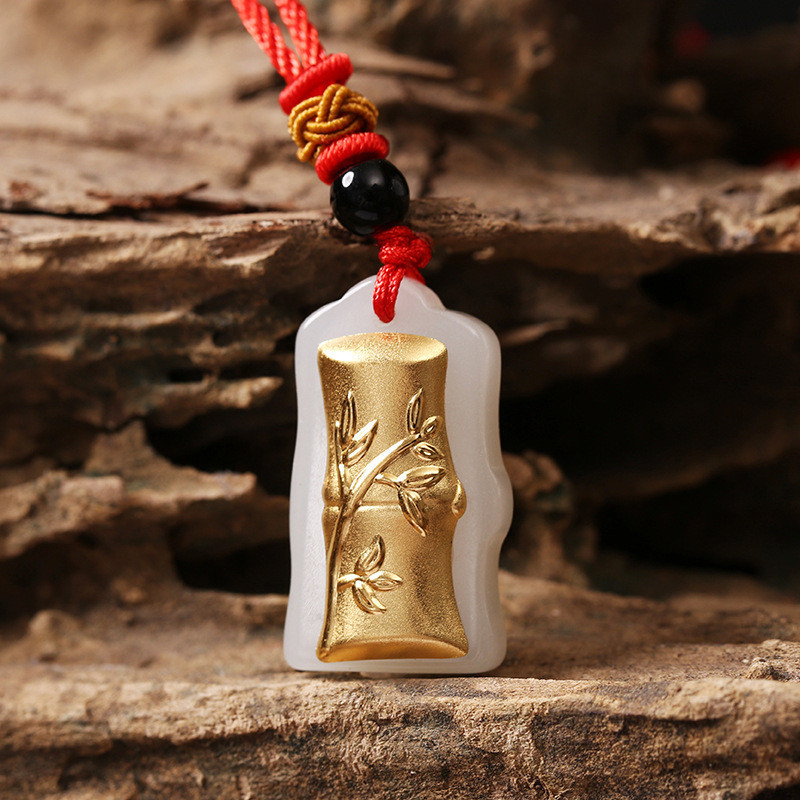 Vàng Kẻ Sọc Ngọc Giả Mặt Dây Chuyền Vòng Cổ Lá Tre Bốn Lá Cỏ Nam Nữ Vàng Nguyên Chất Hòa Bình Ruyi N