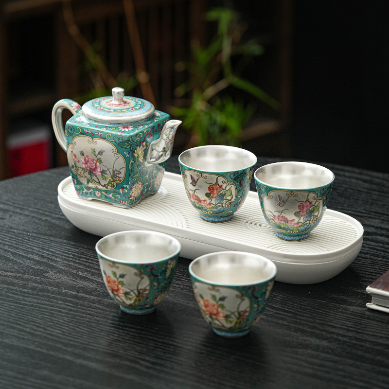 Bộ ấm trà bạc mạ vàng, bộ trà Kung Fu màu men, ấm trà bạc mạ vàng, một ấm bốn chén, hộp quà lưu niệm