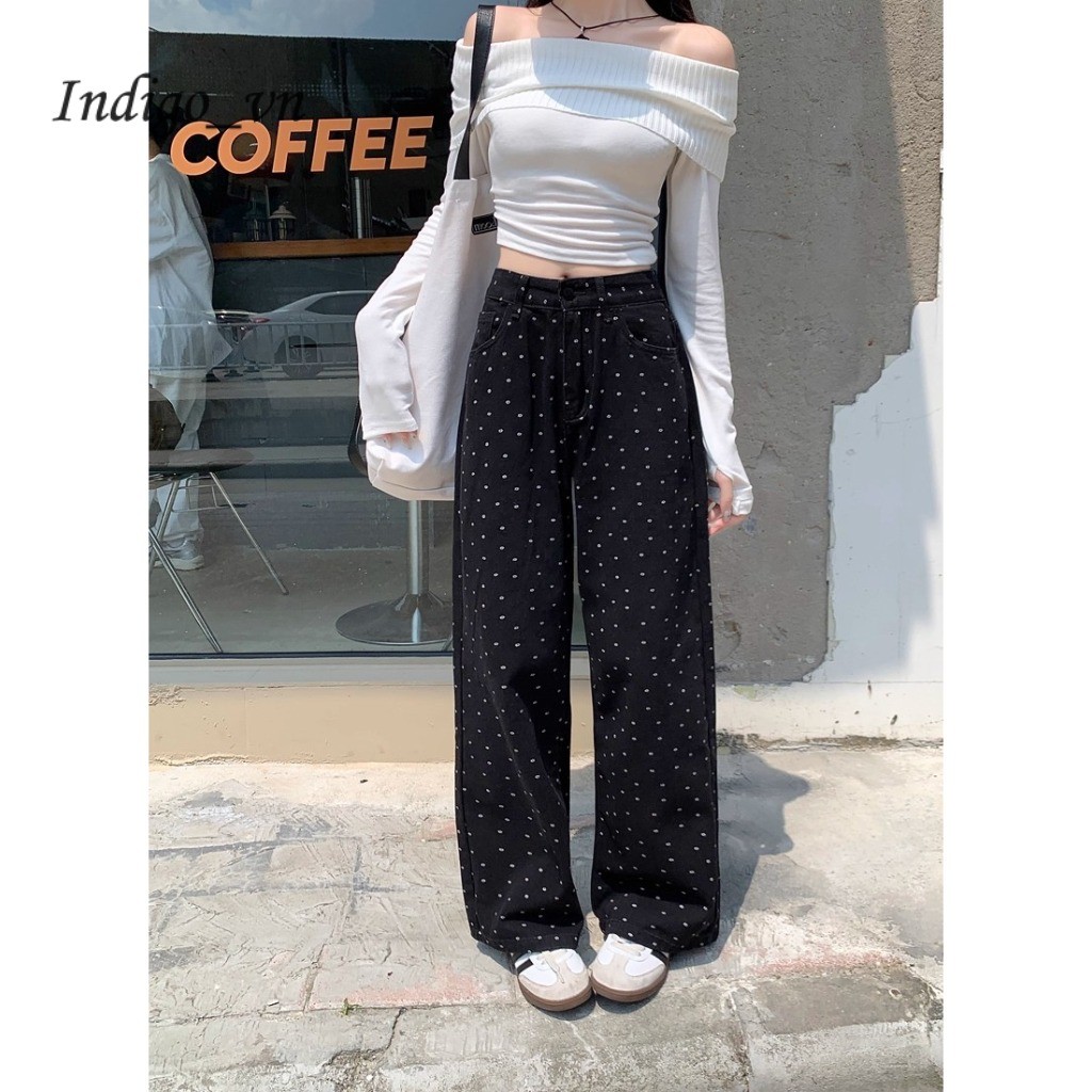 【Indigo】 Quần Jean Ống Đứng Chấm Bi Màu Đen Dáng Người Nhỏ Quần Jean Nữ Cạp Cao Cổ Điển