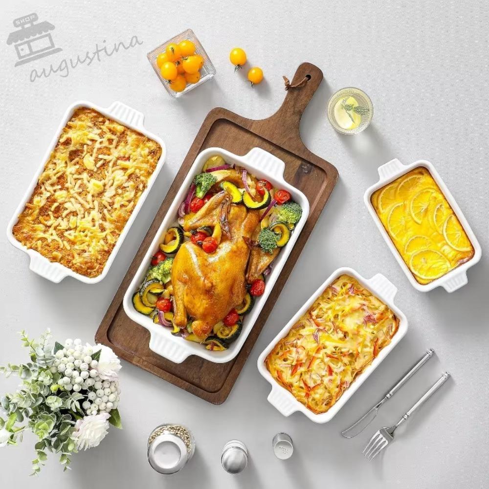 Khay nướng bằng gốm AUGUSTINA, Đĩa nướng bánh sâu họa tiết sọc, Dụng cụ nấu ăn hình chữ nhật có tay 