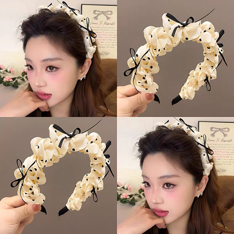 [Hàng có sẵn] Lược chải răng chấm bi ba chiều xếp ly chấm bi dành cho nữ Băng đô đầu lâu tích cực Bă