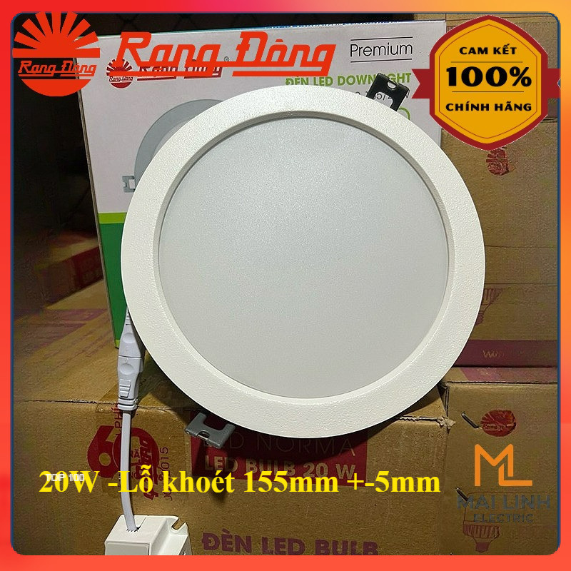 Hãng Rạng Đông| Đèn Led Downlight 20W -Lỗ khoét 155mm +-5mm-Ánh sáng trắng 6500K-Chip Led Hàn Quốc S