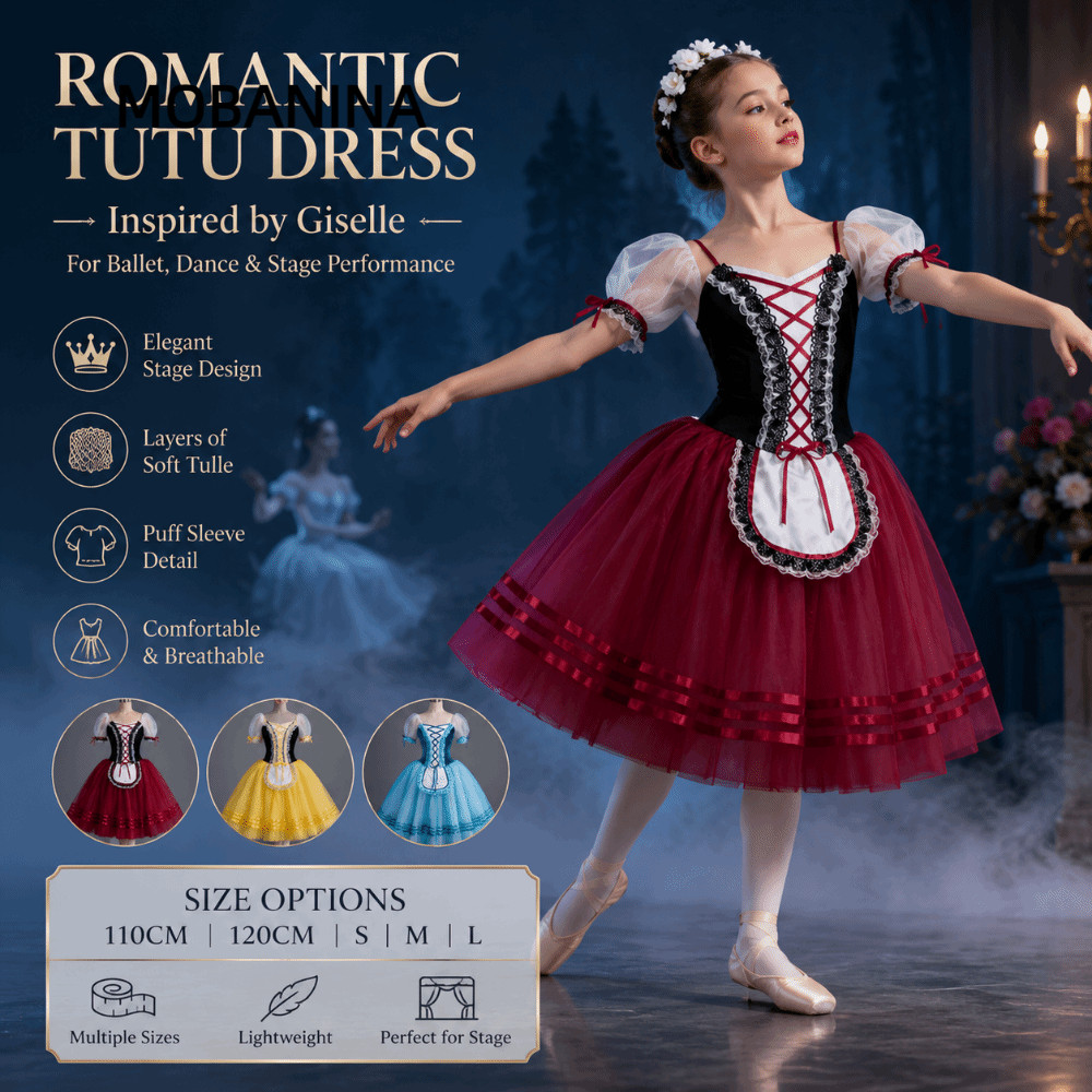 MOBANINA Giselle Ballet Tutu Dress, Ruffle Velvet Gymnastics Dance Leotard, Váy vải tuyn dài cổ điển