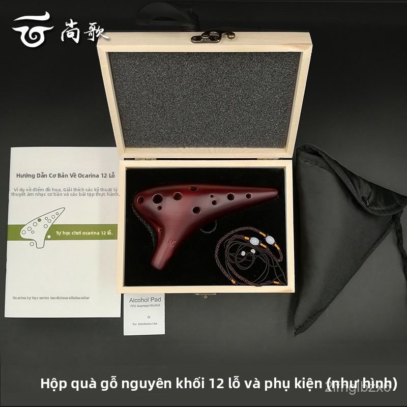 Sáo ocarina 12 lỗ tone AC trung âm C cho người mới học kèm hộp gỗ chống sốc cao cấp