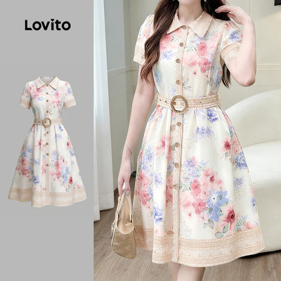 Đầm nữ Lovito xuân hè nút có dây thắt lưng thanh lịch LK5LD130