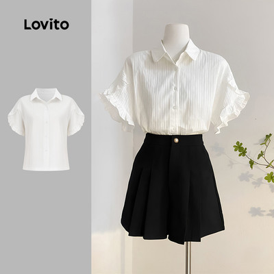 (thanh lịch) Lovito Áo sơ mi jacquard xếp ly đáng yêu cho mùa xuân/hè  áo sơ mi trắng dành cho phụ nữ L142LD441