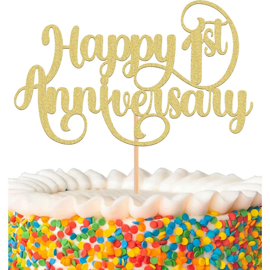 Happy 1st Anniversary Cake Topper - Trang trí bánh kỷ niệm đám cưới đầu tiên lấp lánh vàng, Hoàn hảo