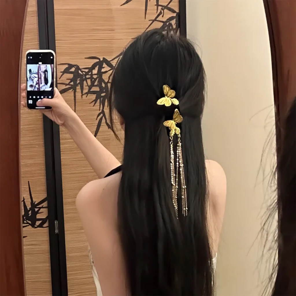 {Dieqi Jinlan} Mới Trung Quốc Retro Vàng Bướm Tua Rua Tóc Nữ Cô Dâu Mũ Đội Đầu Kẹp Tóc Liền Mạch Kẹp