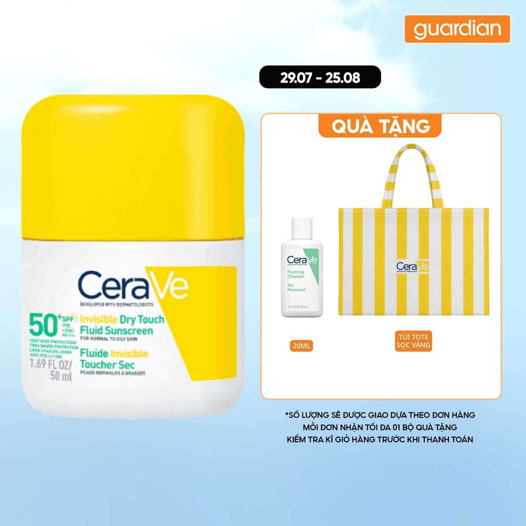 Sữa Chống Nắng Mỏng Nhẹ Cerave Invisible Dry Touch Fluid Sunscreen Spf 50+ Pa++++ 50ml | Guardian Vi