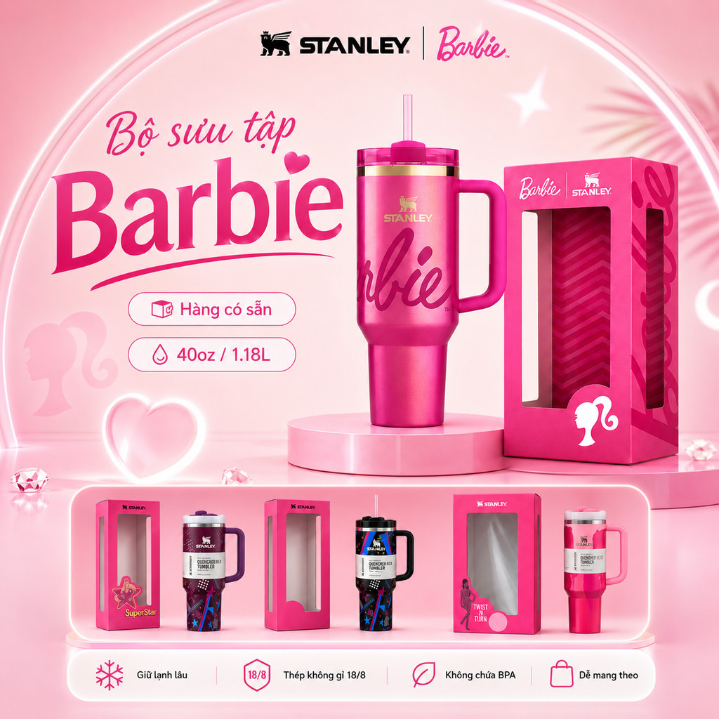 40oz-1.18L Stanley x Barbie Biểu tượng Quencher H2.0 FlowState 40oz, cốc giữ nhiệt có tay cầm, không
