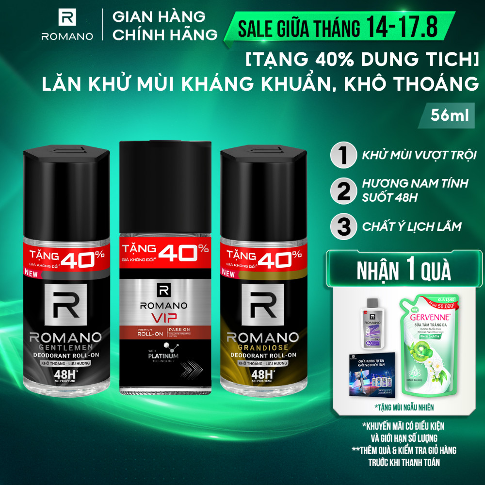 [TẶNG 40% dung tích] Lăn khử mùi Romano Khử mùi vượt trội, Hương nam tính suốt 48H 56ml