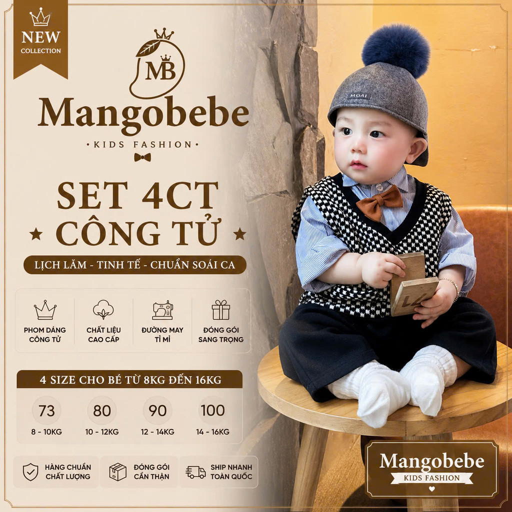MANGOBEBE-Set công tử phong cách Hàn gile len caro nơ cam phối sơ mi nơ thanh lịch