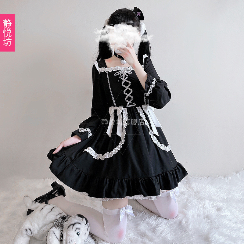 Váy Lolita đen cosplay trang phục Halloween, váy ren nơ Lolita gợi cảm, váy đen nhỏ dành cho nữ