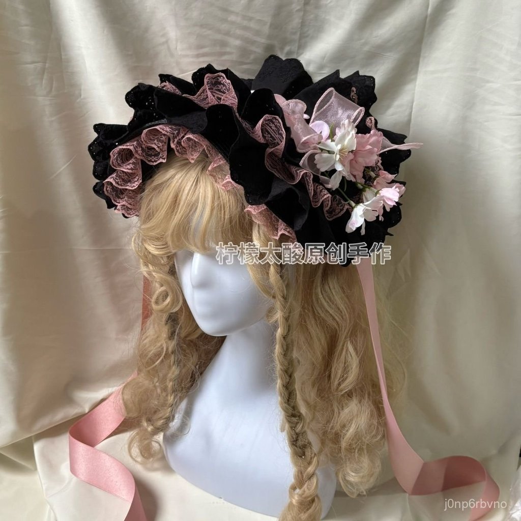 Mũ Bonnet Lolita ren phối rơm Gothic phong cách tiểu thư thanh lịch