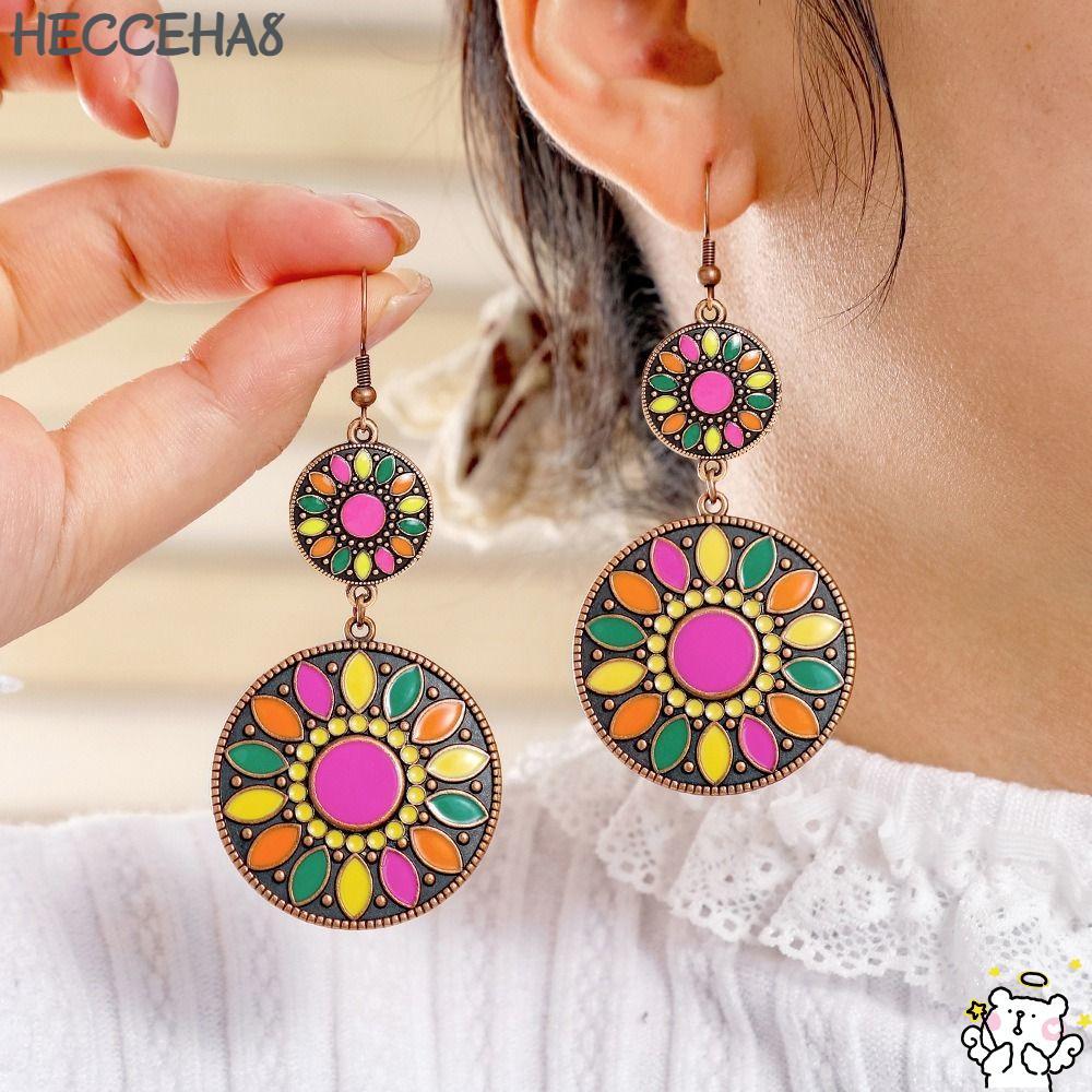 HECCEHA8 Bông Tai Mặt Dây Chuyền Hoa, Men Dầu Nhiều Màu Ten Bông Tai, Vintage Bohemian Hình Tròn Bón