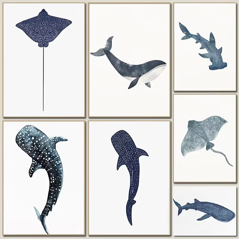 Modern Minimalism Whales Sharks Marine Animals Art Posters Canvas Printing Living Room Bedroom Room 