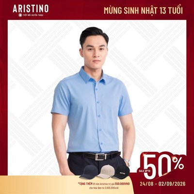Áo sơ mi nam ngắn tay ARISTINO Slim Fit thiết kế tà lượn không túi màu xanh solid ASSR35