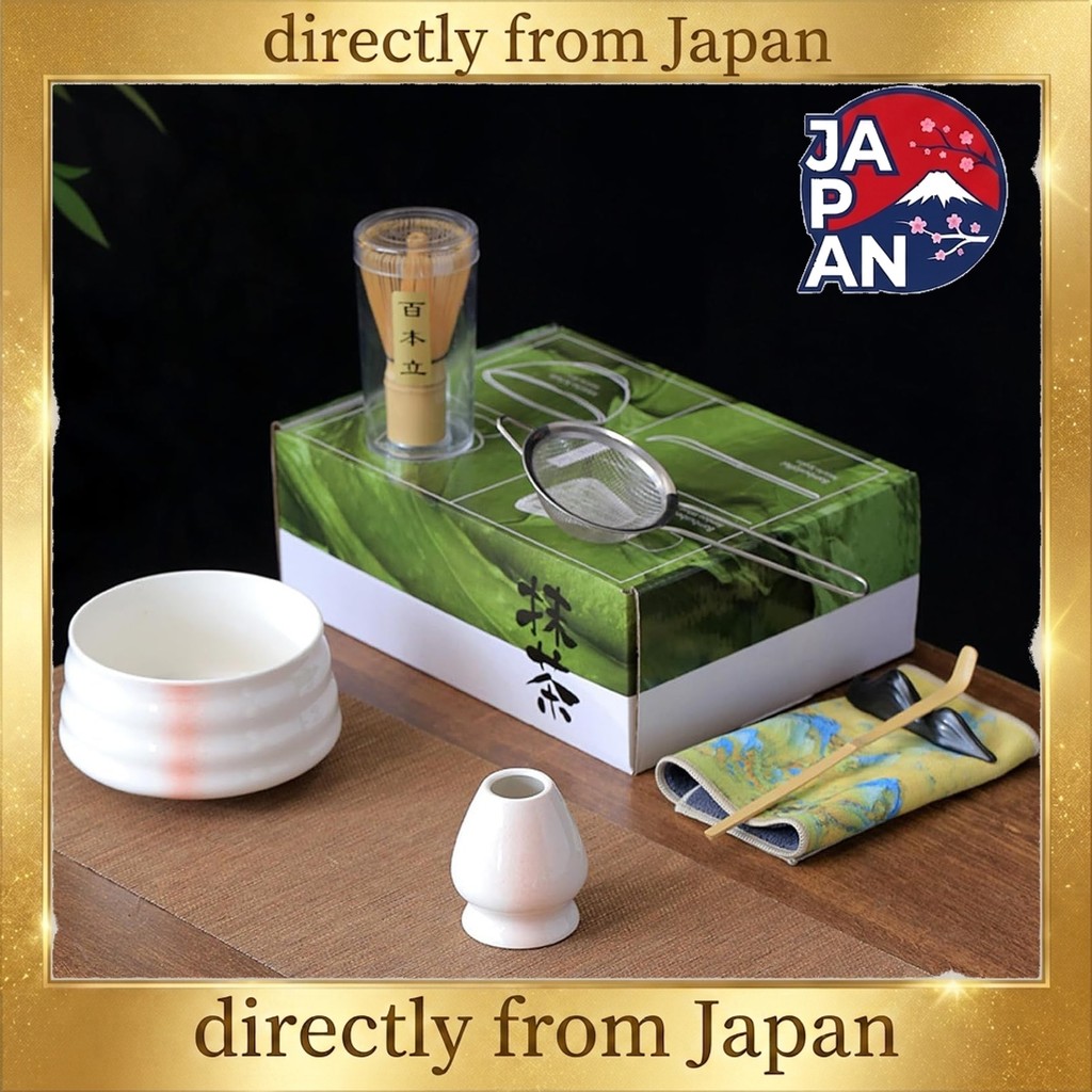Matcha Tea Ceremony Set: Includes a 100-prong bamboo whisk, whisk stand, tea scoop, tea strainer, an