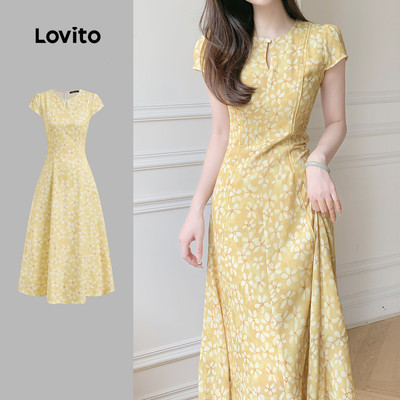 (thanh lịch) Lovito Váy Xếp Ly Mùa Xuân/Hè Màu Vàng cho Phụ Nữ L142ED048