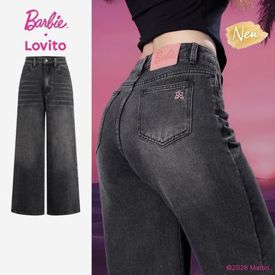 (New Arrival) Barbie™ X Lovito Quần Jeans Nữ Đen Xuân/Hè Eo Trung Chân Thẳng Thêu Họa Tiết Nút Có Túi LBL5AD054