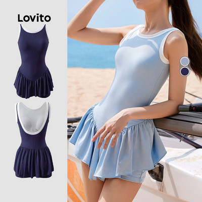 Đồ bơi 1 mảnh nữ Lovito Kỳ nghỉ xanh navy xuân hè lai bèo xếp nếp ghép nối màu sắc Preppy LNE141X005
