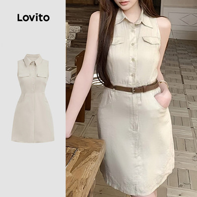 (thanh lịch) Lovito Đầm nữ phong cách có túi cúc mùa xuân/hè màu kaki nhạt L155ED942