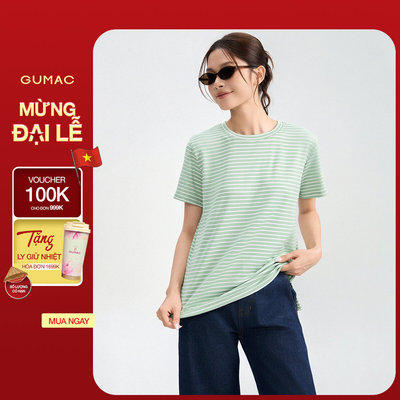 Áo Thun Nữ Tay Ngắn GUMAC Form Suông Cổ Tròn Xẻ Tà Phối Bo Dệt Thun Sọc Năng Động ATG05024