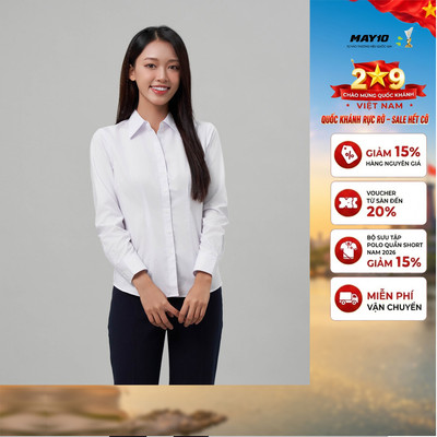 (không ly trước) Áo sơ mi nữ dài tay trắng May10 mã AT011