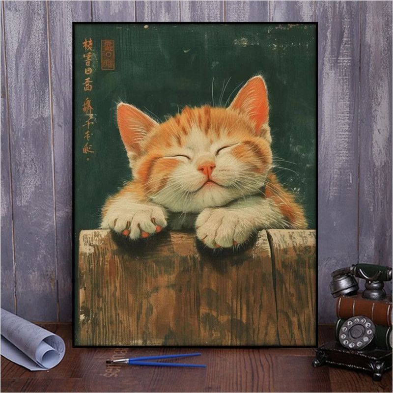 Vinci-Ancient Orange Cat Rest Diy Digital Oil Painting Mèo Cam Nhỏ Nằm Trên Hàng Rào Gỗ Ngủ An Toàn 