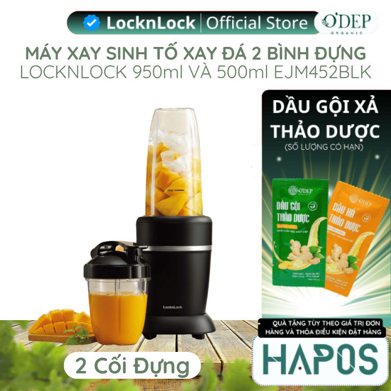 Máy xay sinh tố LocknLock Blender xay đá chống trượt 2 bình đựng 950ml và 500ml EJM452BLK - HAPOS LH