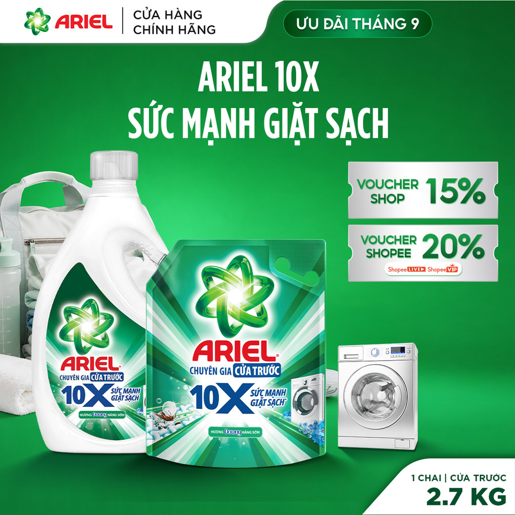 Combo Túi Nước Giặt Ariel Platinum 10X Cửa Trước 2.7KG & Nước Giặt Cửa Trước Giặt Sạch Chai 2.7KG