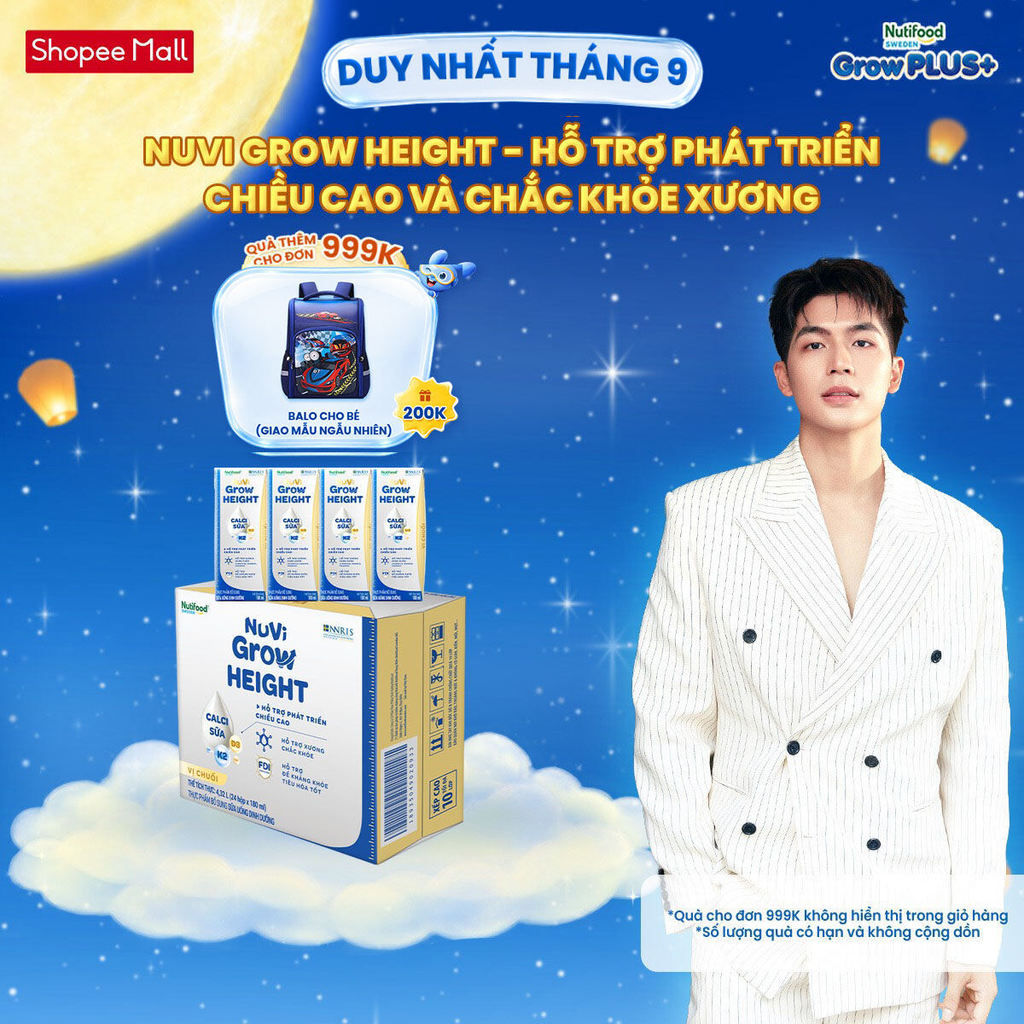 Thùng 24 hộp SBPS Nuvi Grow Height vị chuối 1+ hỗ trợ phát triển chiều cao hộp 180ml