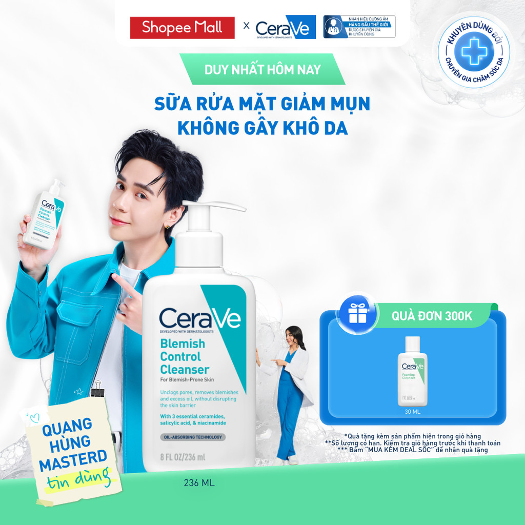 Sữa rửa mặt giảm mụn không gây khô da, không gây tổn hại bảo vệ hàng rào da - CeraVe Blemish Control Cleanser 236ml