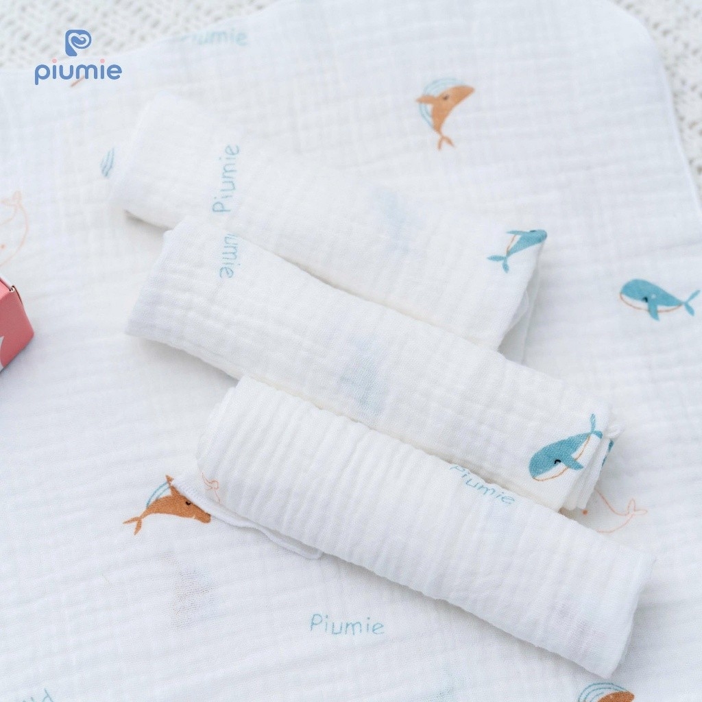 Piumie Khăn sữa muslin Piu Muslin 2 lớp, dệt từ cotton muslin cao cấp, mỏng nhẹ thoáng khí - hộp 5 c