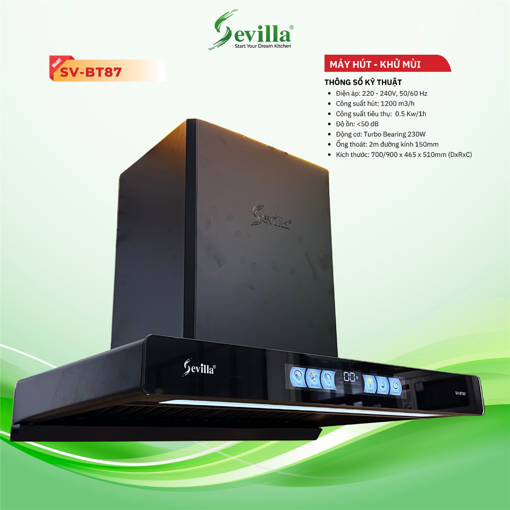 Máy hút mùi SEVILLA BT87 | Tự động làm sạch dầu mỡ | Bảo hành 2 năm | Công suất hút 1400m3/h