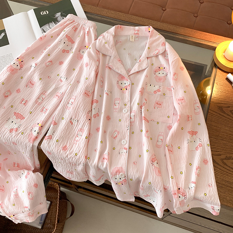 Hello Kitty Bộ đồ ngủ Pijama Đồ ngủ nữ đồ mặc nhà hoạ tiết dễ thương Học sinh Thục nữ dài tay 8902