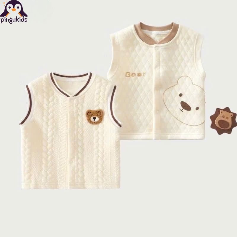 Áo Gile Trần Bông 3 Lớp Hình Gấu Ấm Áp PINGU Cho Bé Trai Bé Gái, Áo Khoác, Áo Thu Đông, Quần Áo Trẻ 