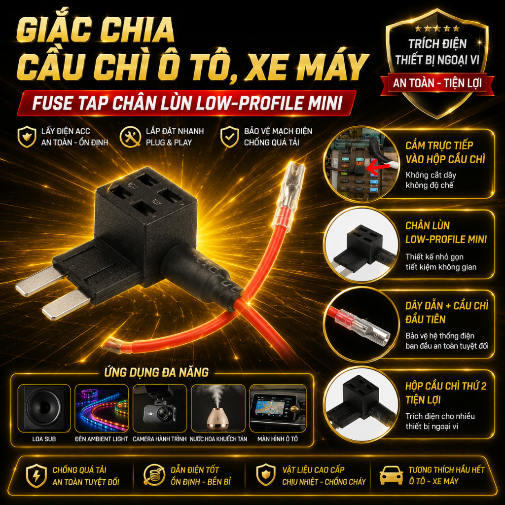 Giắc Chia Cầu Chì Ô Tô, Xe Máy Fuse Tap Chân Lùn Low-Profile Mini – Trích Điện Thiết Bị Ngoại Vi  lấ