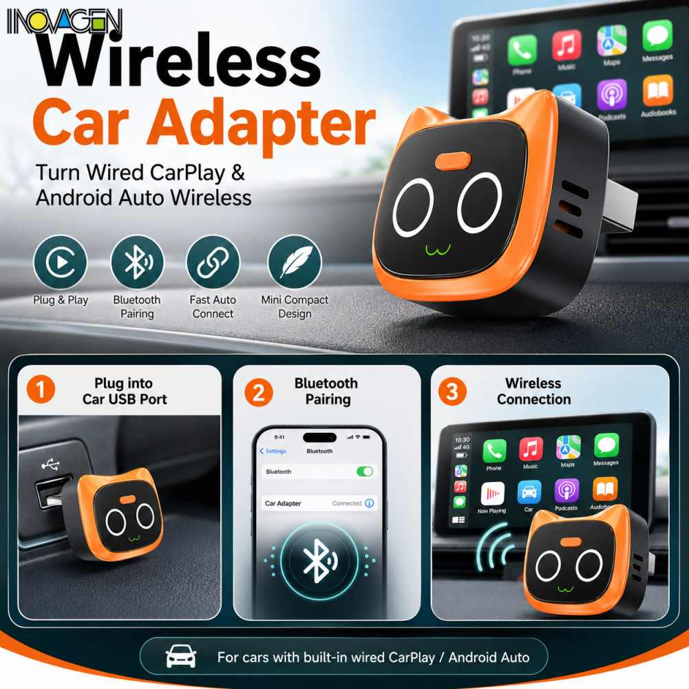 INOVAGEN Mini Wireless CarPlay Android Auto Adapter 2 trong 1 USB-A Dongle Plug and Play Bộ chuyển đ