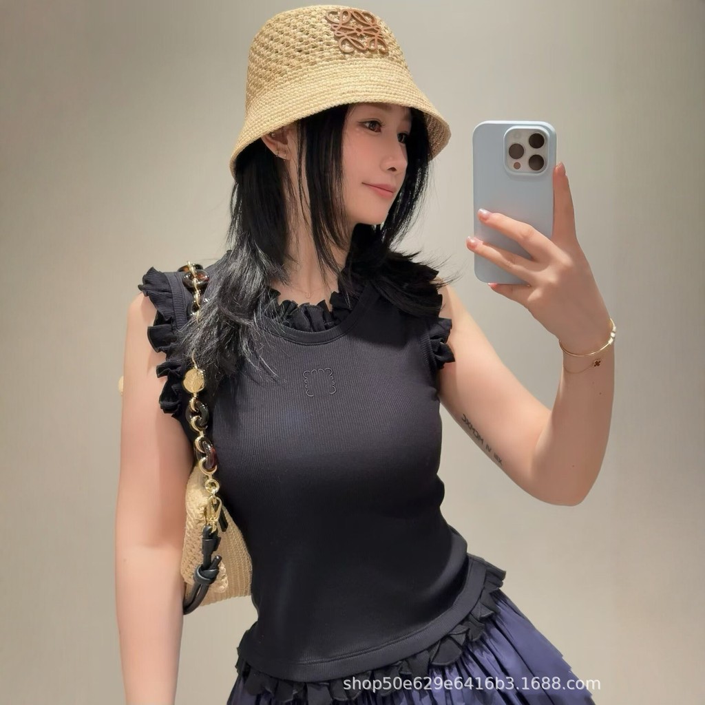 4FS1 LO Sleeveless ruffled trim tank top for women, summer high-elastic slim-fit ribbed camisole top