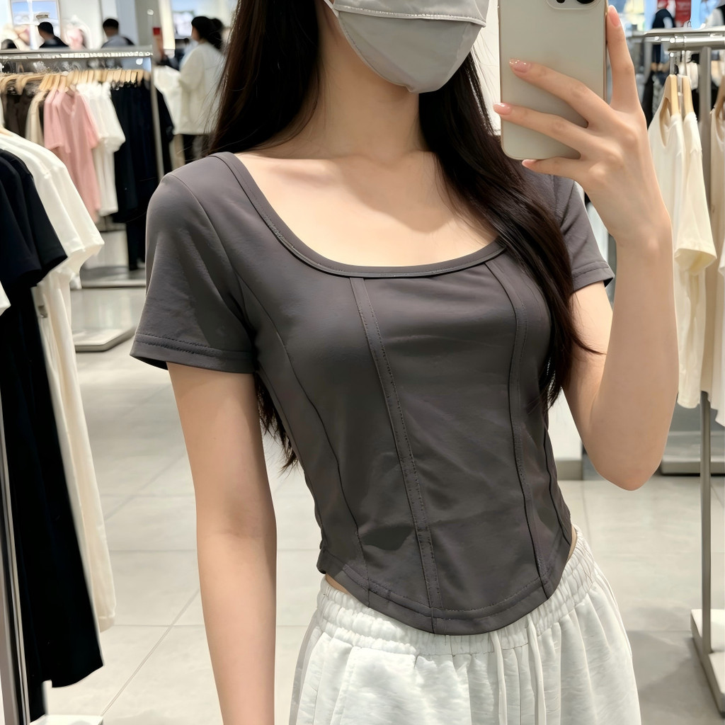 Áo thun ngắn tay nữ mùa hè bó sát Hot Girl Pure Desire Ngắn hở rốn hở cổ vuông vuông